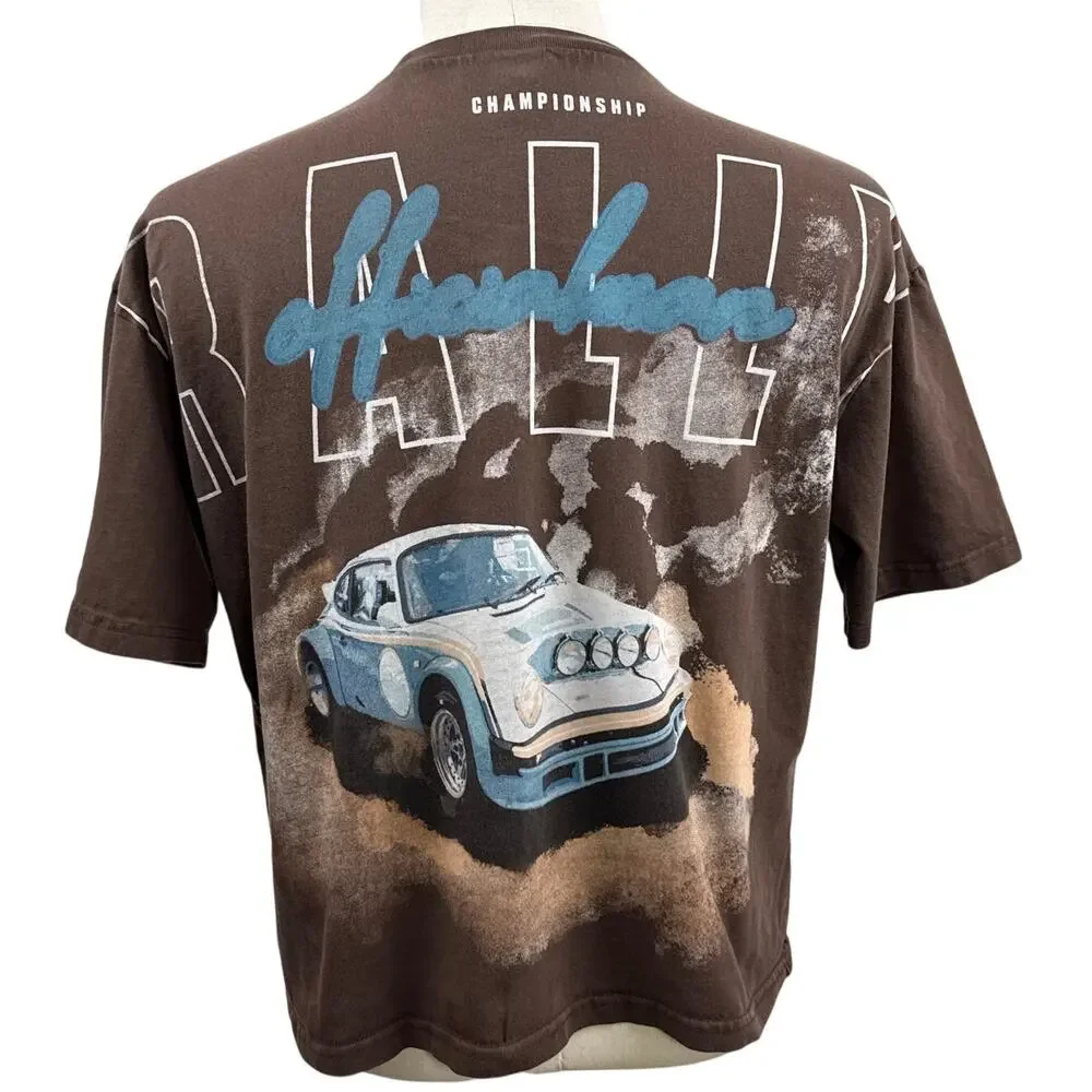 BoohooMAN Men's XS Brown Boxy Car Graphic Oversized Short Sleeve T-Shirt